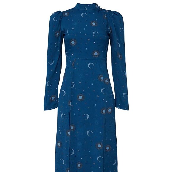 NWT Rahi Moonlight Fallon Moon and Sun Print Blue Slit Long Sleeve Maxi Dress - Picture 5 of 10